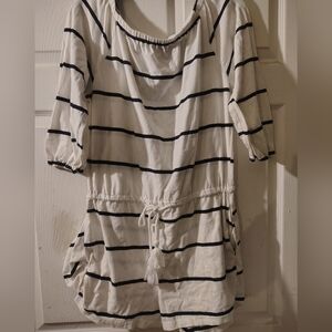 Striped Drawstring Tunic Top - White with Black Stripes Small
